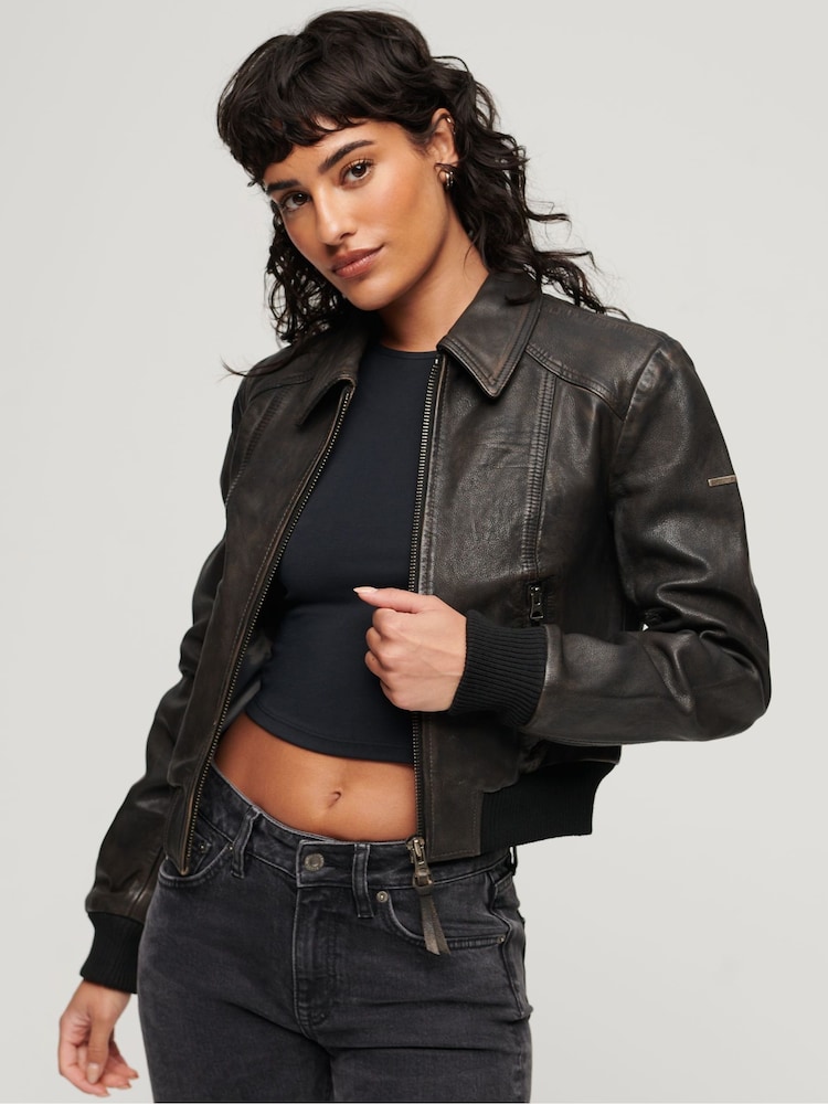 Superdry Black 70s Leather Jacket - Image 1 of 4