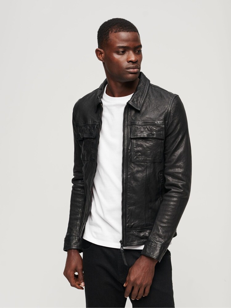 Superdry Black Seventies Leather Jacket - Image 1 of 3
