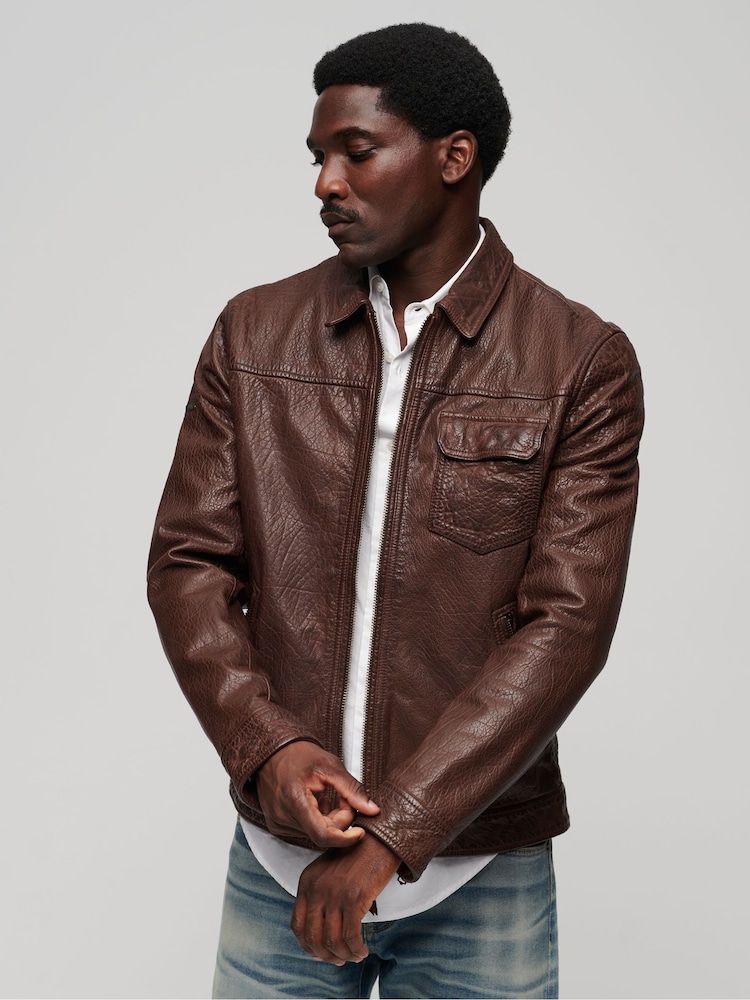 Superdry Brown 70s Leather Jacket - Image 1 of 2