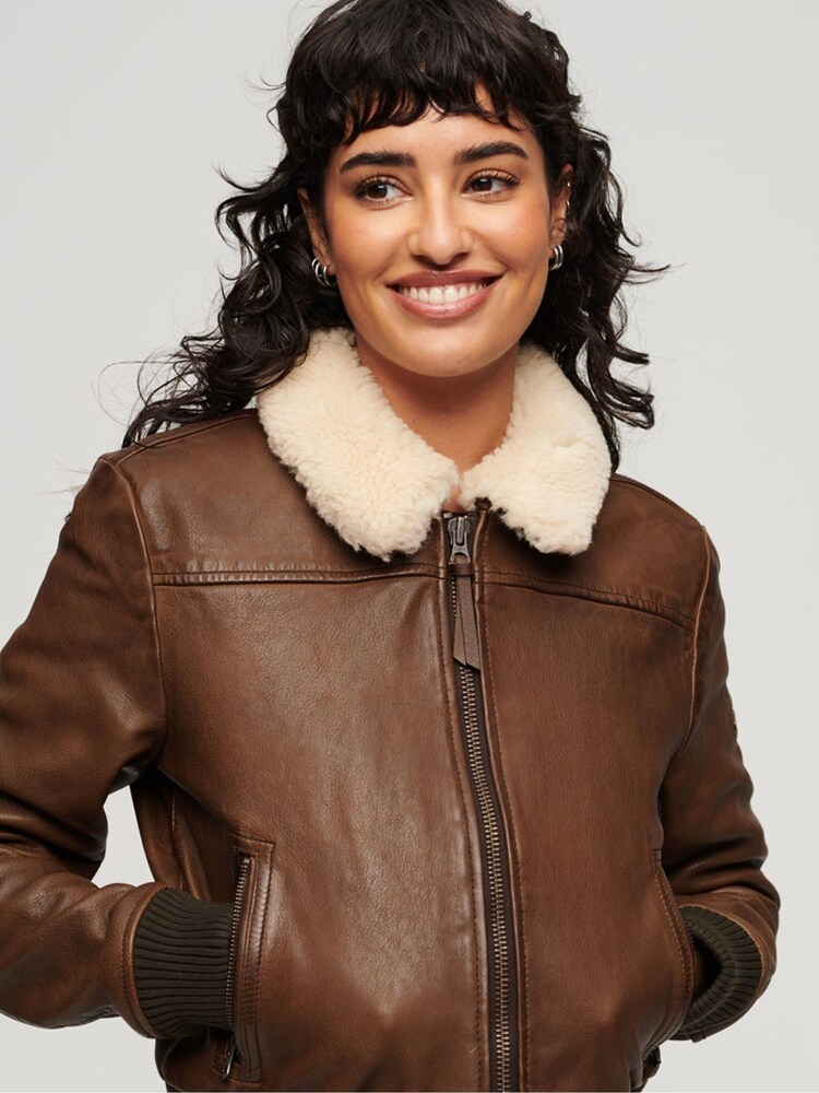 Superdry Brown Leather Borg Collar Jacket - Image 1 of 5
