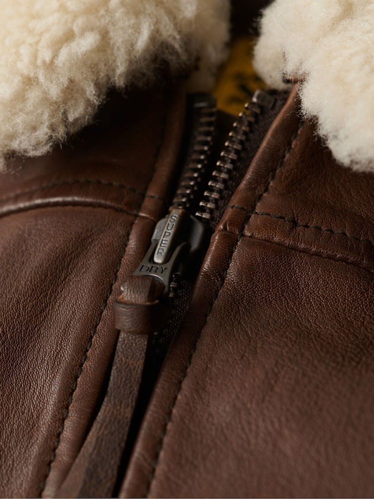 Superdry Brown Leather Borg Collar Jacket - Image 3 of 5