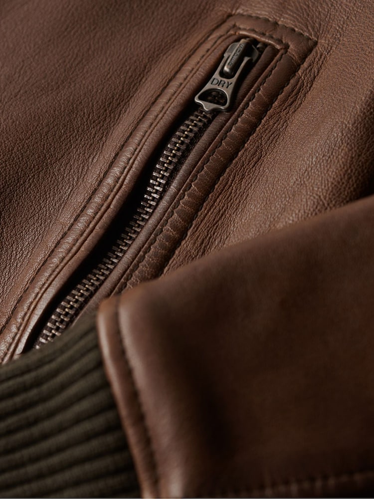 Superdry Brown Leather Borg Collar Jacket - Image 4 of 5