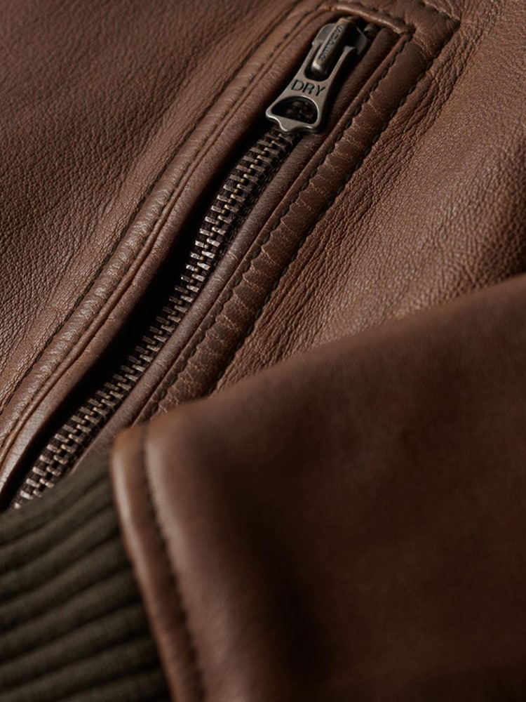 Superdry Brown Leather Borg Collar Jacket - Image 5 of 5