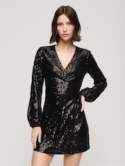 Superdry Black Sequin Wrap Mini Dress - Image 1 of 5