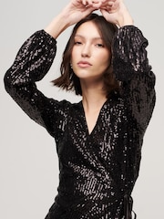Superdry Black Sequin Wrap Mini Dress - Image 3 of 5