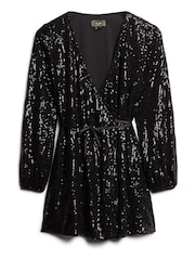 Superdry Black Sequin Wrap Mini Dress - Image 4 of 5