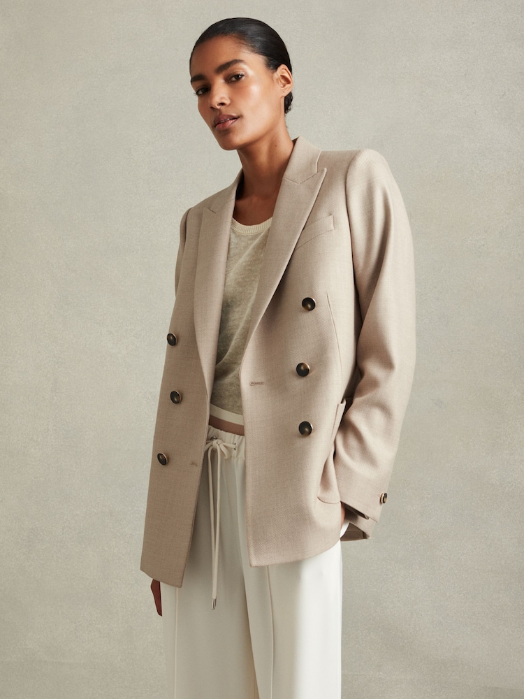 Reiss Neutral Harriet Wool Blend Double Breasted Blazer - Image 1 of 6