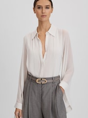 Reiss Pale Blue Magda Pleated Flared Sleeve Blouse - Image 1 of 5