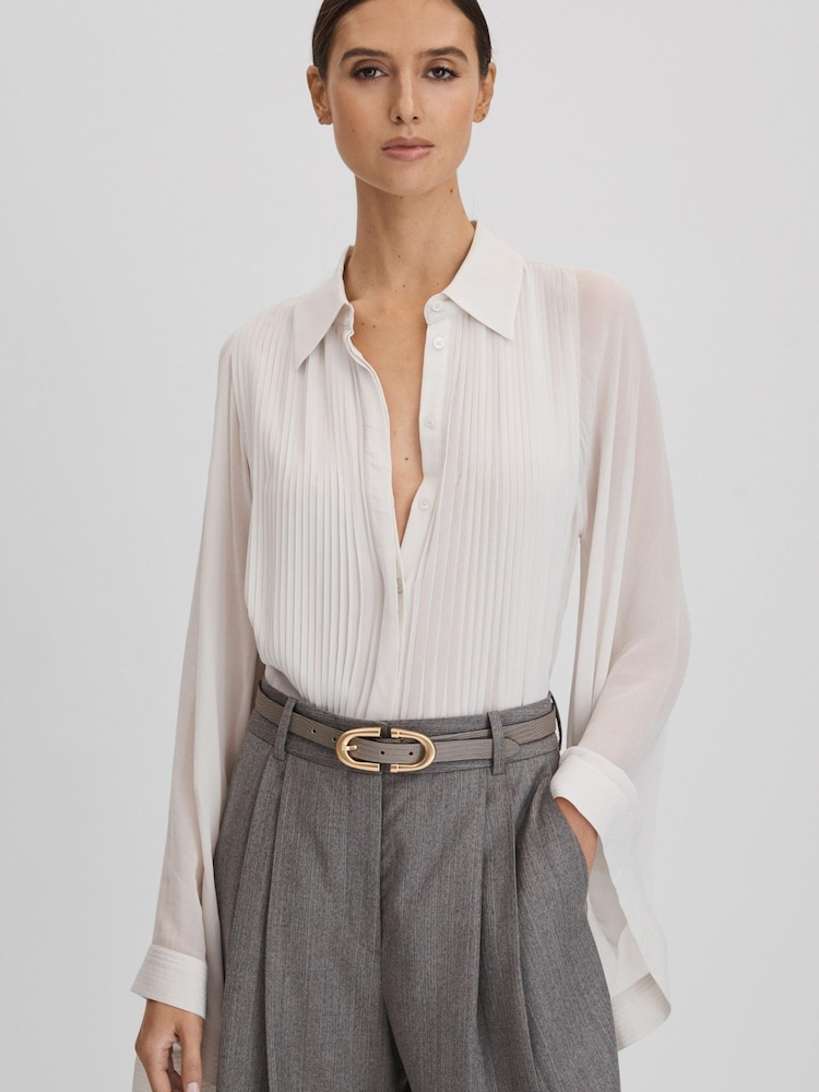 Reiss Pale Blue Magda Pleated Flared Sleeve Blouse - Image 1 of 5