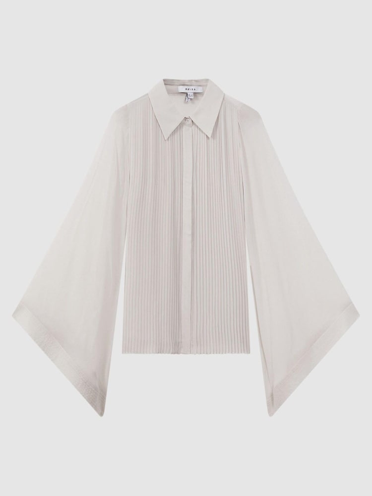 Reiss Pale Blue Magda Pleated Flared Sleeve Blouse - Image 2 of 5
