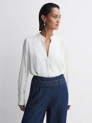 Reiss Cream Emmy Ribbon Front Grandad Collar Blouse - Image 1 of 5