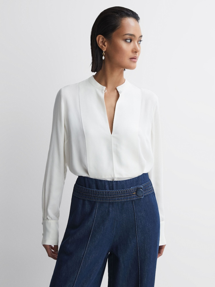 Reiss Cream Emmy Ribbon Front Grandad Collar Blouse - Image 1 of 5
