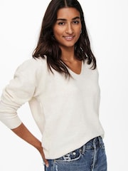 ONLY Cream V-Neck Cosy Knitted Jumper - Image 1 of 5