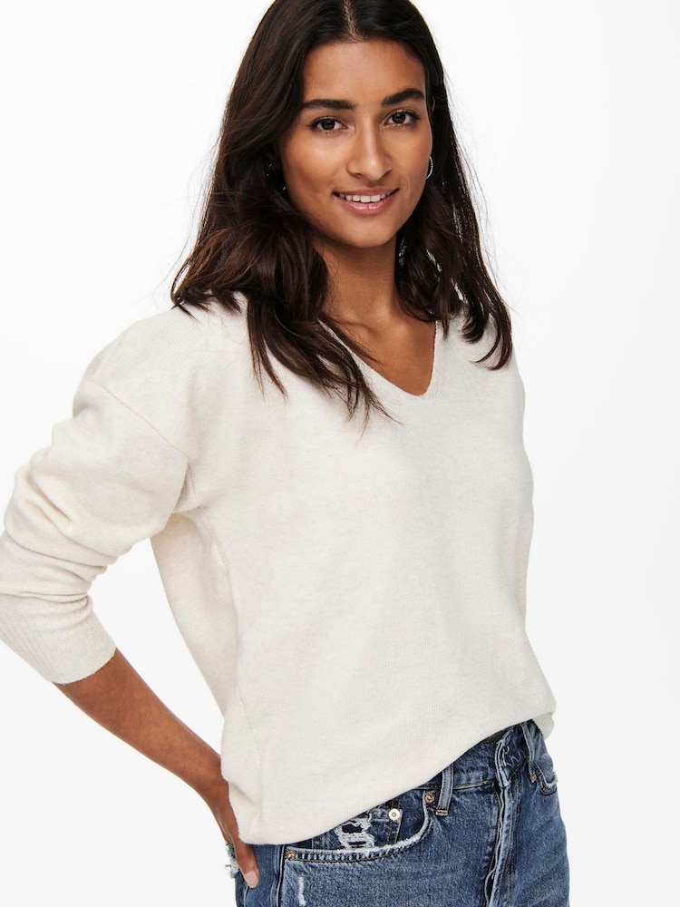 ONLY Cream V-Neck Cosy Knitted Jumper - Image 1 of 5