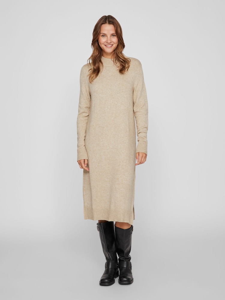 VILA Cream High Neck Knitted Midi Dress - Image 1 of 5 VILA Cream High Neck Knitted Midi Dress - Image 1 of 5