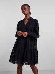 YAS Black Broderie Long Sleeved Dress - Image 1 of 5