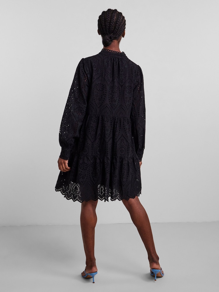 YAS Black Broderie Long Sleeved Dress - Image 2 of 5