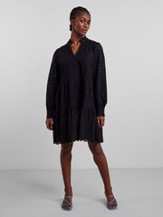 YAS Black Broderie Long Sleeved Dress - Image 3 of 5