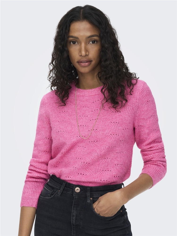 ONLY Pink Pointelle Knitted Round Neck Jumper - Image 4 of 7