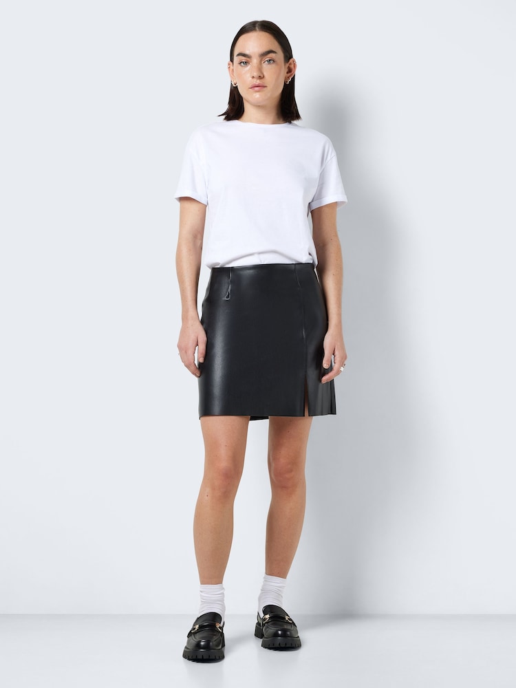 NOISY MAY Black 100% Cotton Leather Look Mini Skirt with Slit Detail - Image 3 of 6