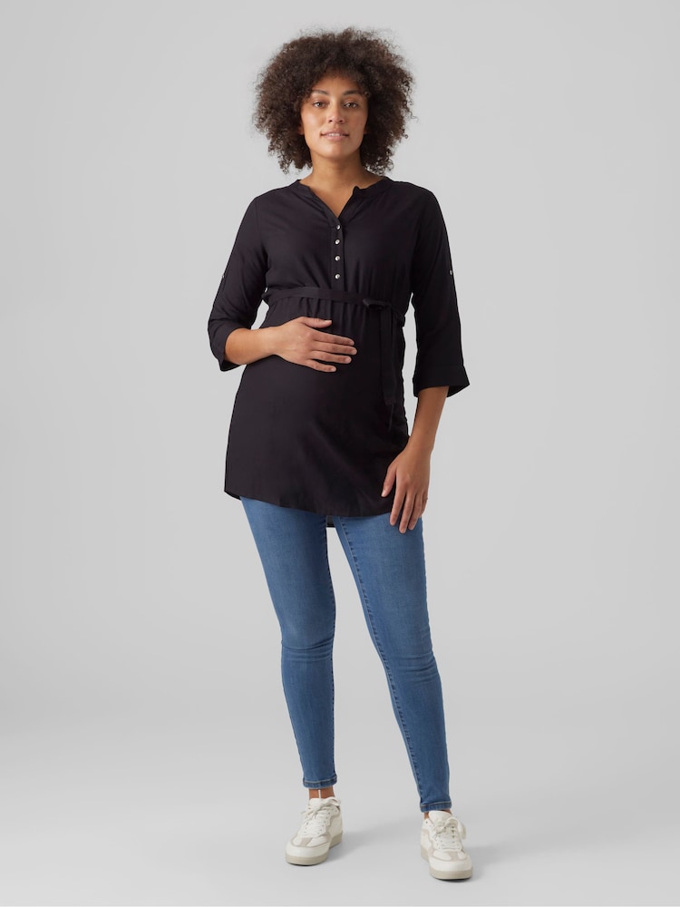 Mamalicious Black Maternity Tie Waist Woven 100% Cotton Blouse - Image 2 of 5