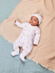 JoJo Maman Bébé Cream Winnie The Pooh Print Sleepsuit & Hat Set - Image 2 of 8