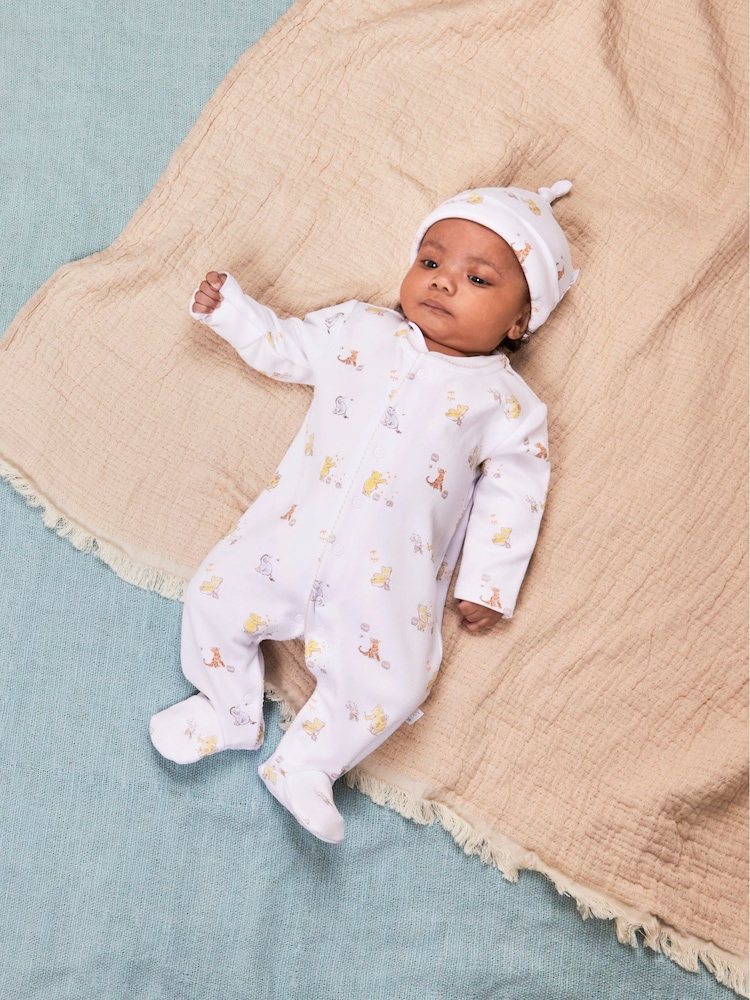 JoJo Maman Bébé Cream Winnie The Pooh Print Sleepsuit & Hat Set - Image 2 of 8