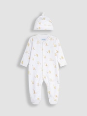 JoJo Maman Bébé Cream Winnie The Pooh Print Sleepsuit & Hat Set - Image 3 of 8