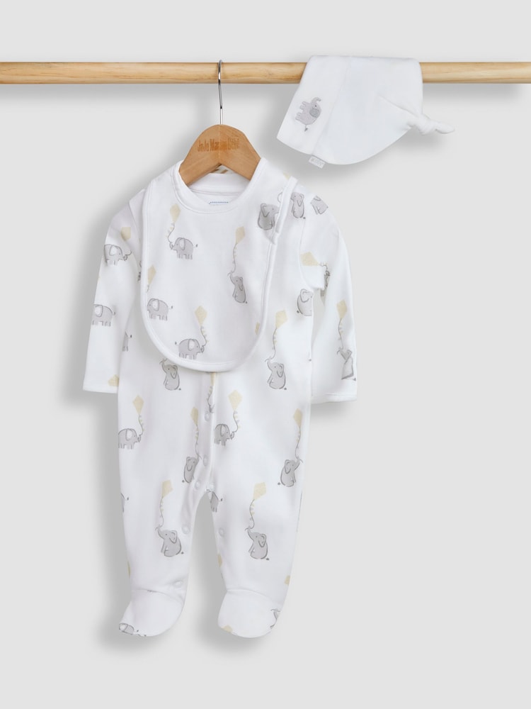 JoJo Maman Bébé White 3-Pack Sleepsuit, Hat & Bib Set - Image 1 of 7