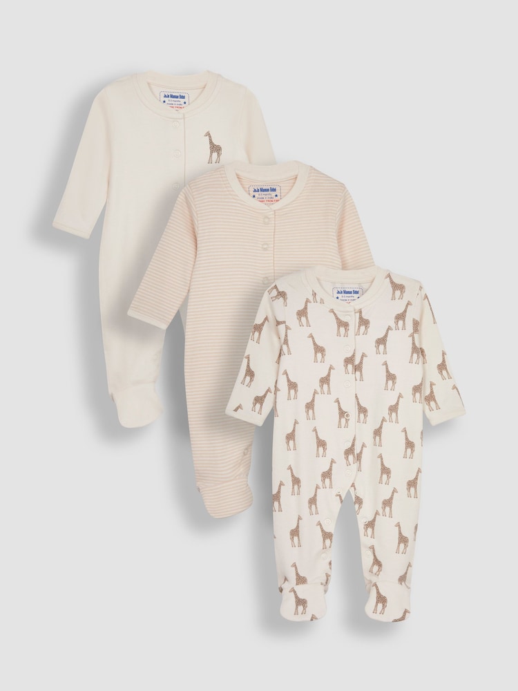 JoJo Maman Bébé Natural Giraffe Cotton Footed Animal Print Sleepsuits 3-Pack - Image 1 of 5