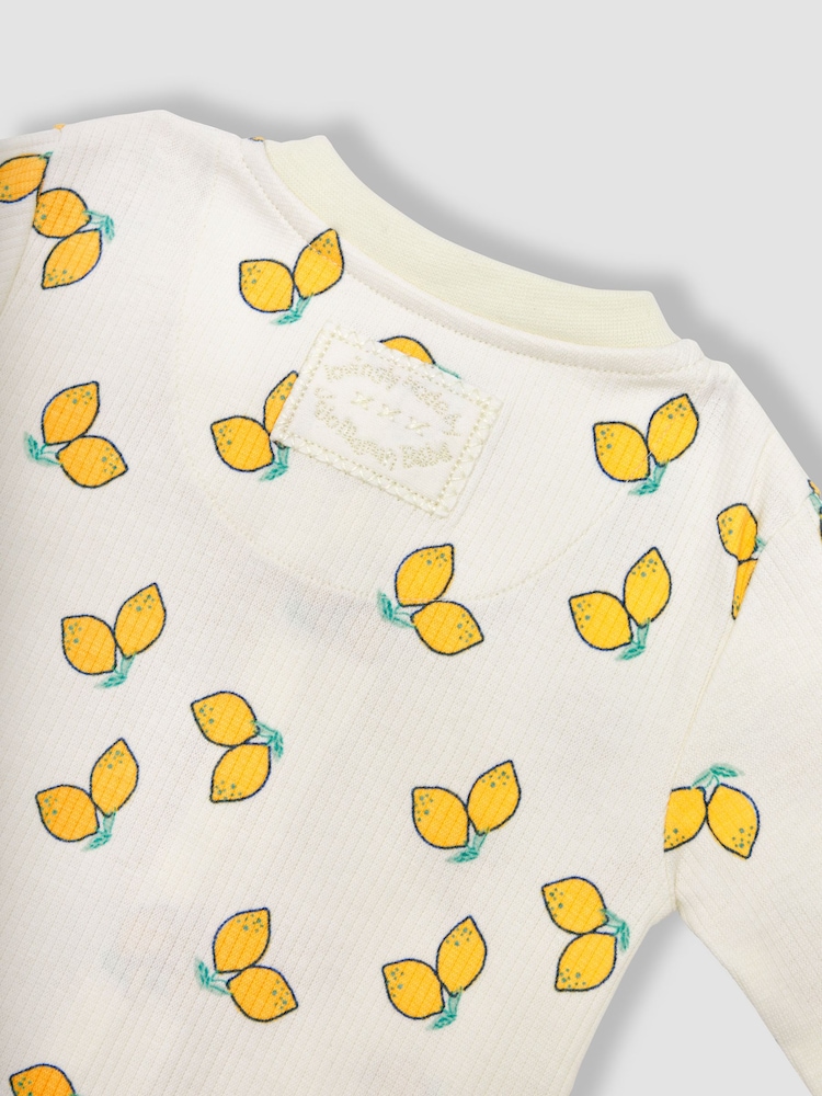 JoJo Maman Bébé Cream Lemon Printed Rib Footless Sleepsuit - Image 3 of 3