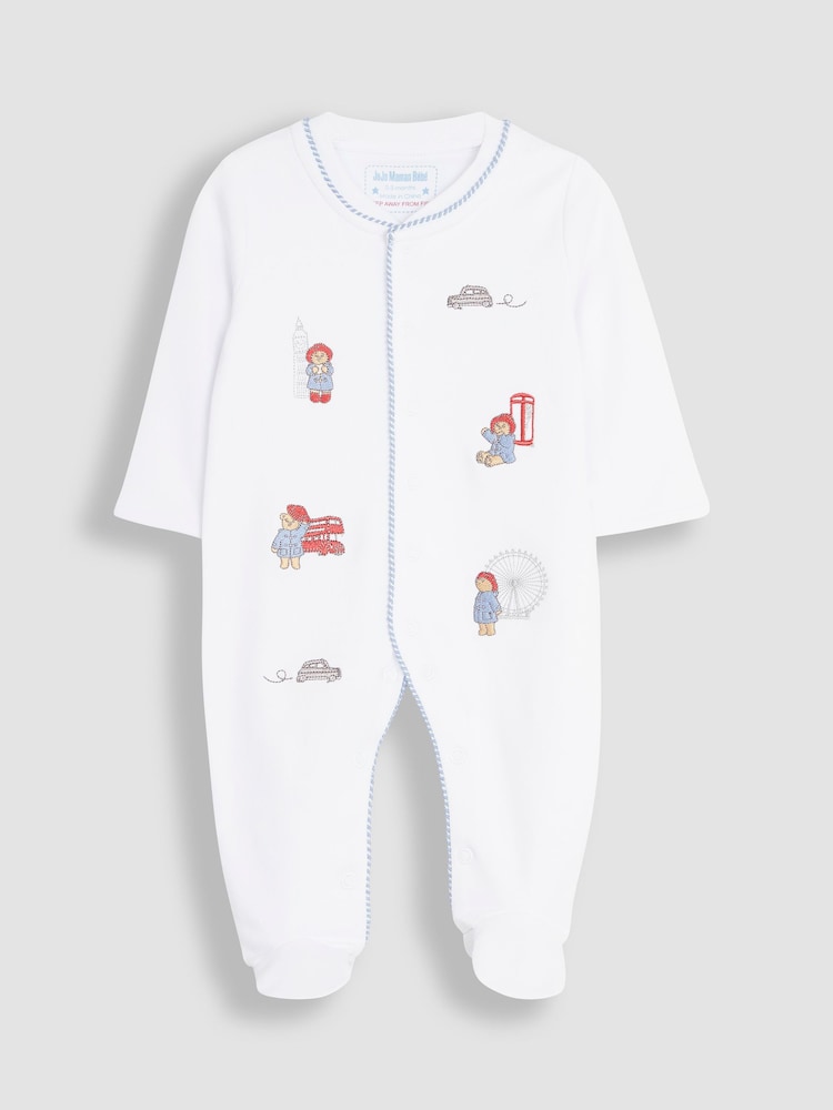JoJo Maman Bébé White Paddington Embroidered Sleepsuit & Hat Set - Image 3 of 7