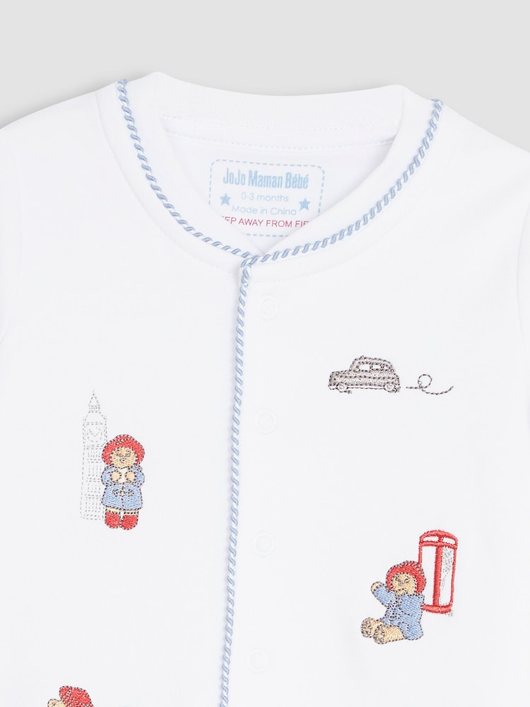 JoJo Maman Bébé White Paddington Embroidered Sleepsuit & Hat Set - Image 6 of 7