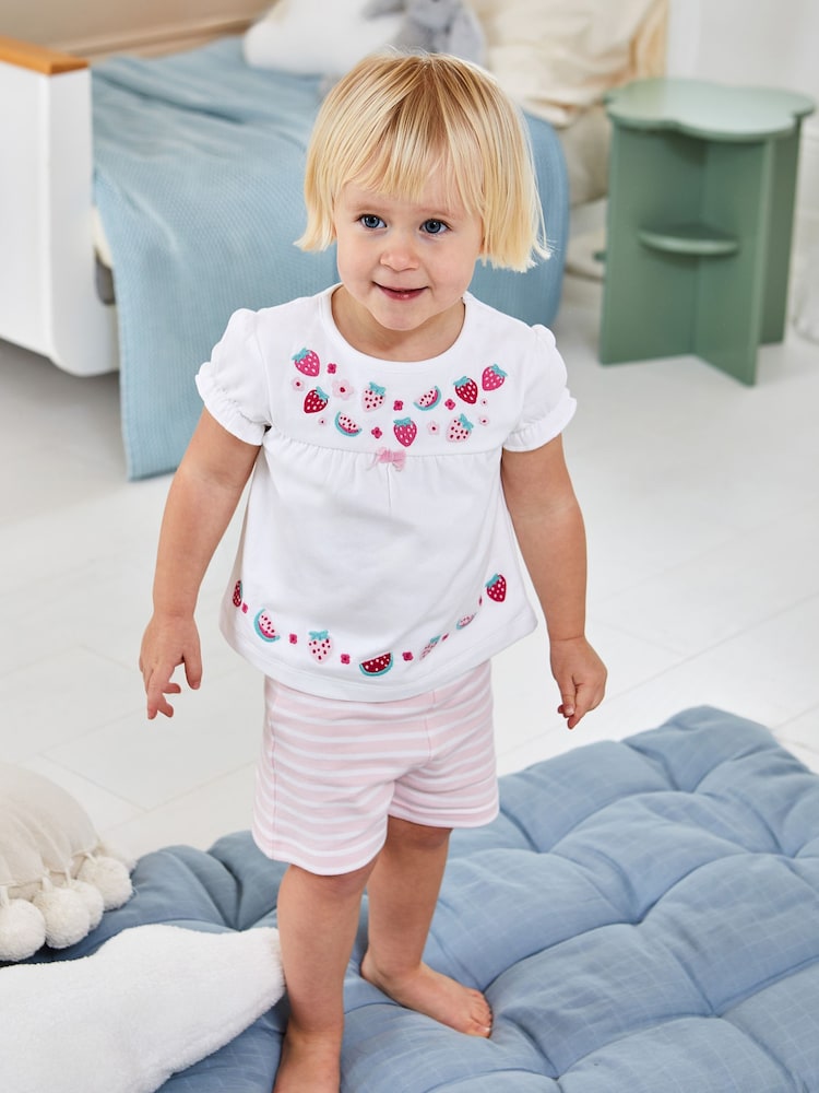JoJo Maman Bébé White Strawberry Embroidered Jersey Pyjamas - Image 1 of 6
