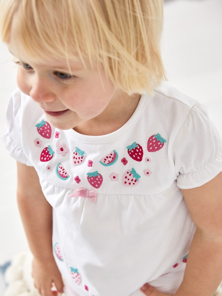 JoJo Maman Bébé White Strawberry Embroidered Jersey Pyjamas - Image 2 of 6