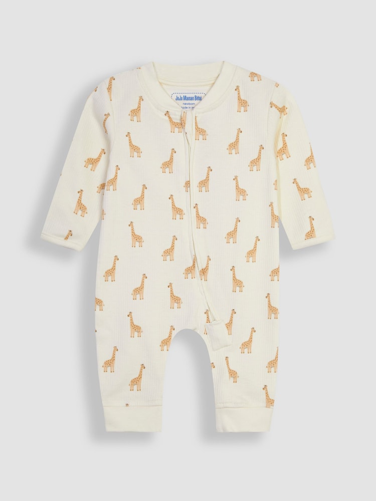 JoJo Maman Bébé Cream Giraffe Printed Rib Footless Sleepsuit - Image 2 of 4