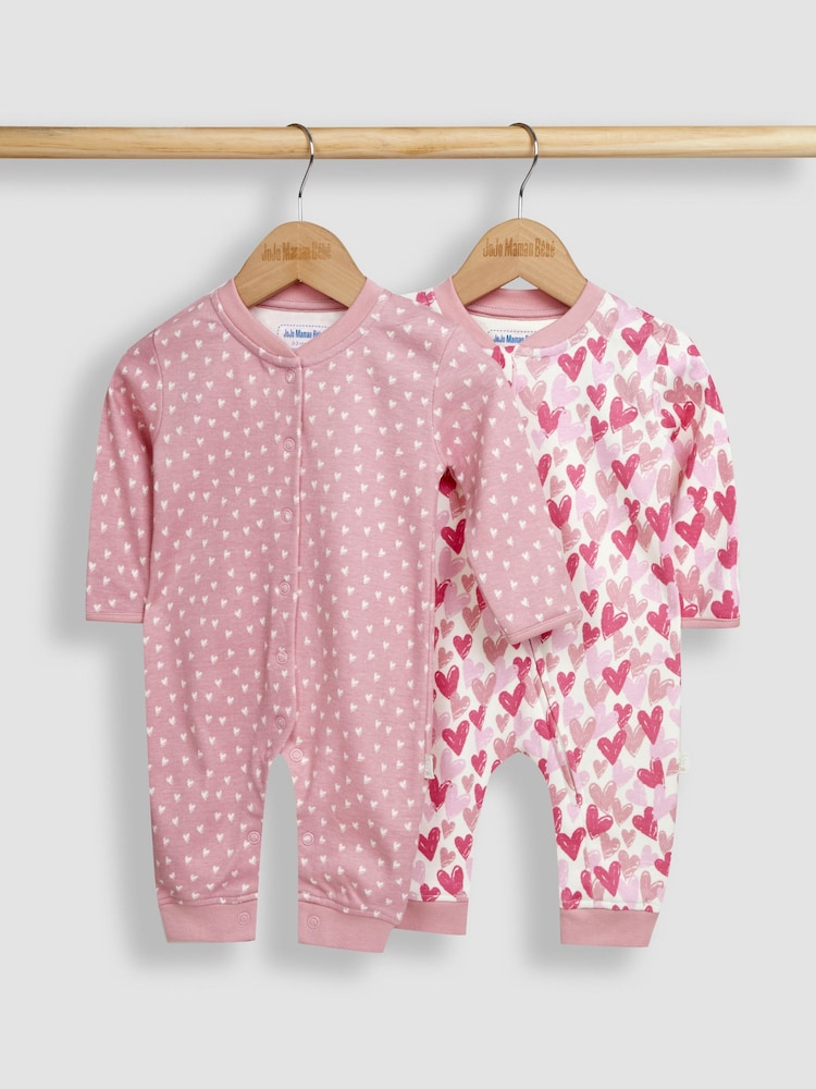 JoJo Maman Bébé Pink Heart 2-Pack Footless Sleepsuits - Image 1 of 5