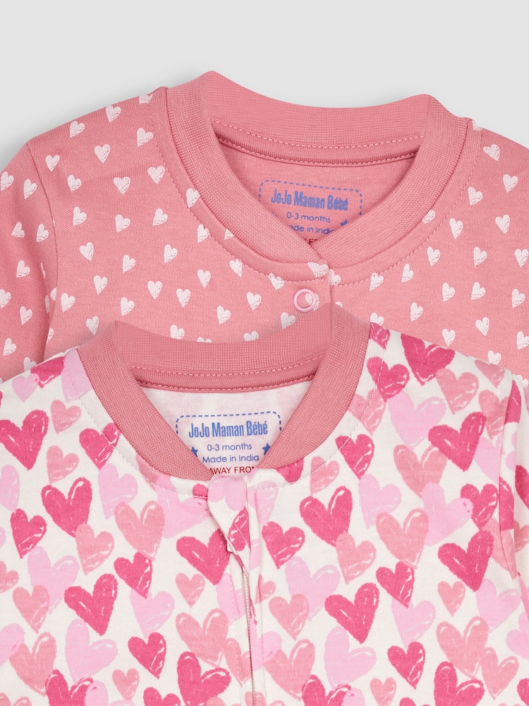 JoJo Maman Bébé Pink Heart 2-Pack Footless Sleepsuits - Image 5 of 5