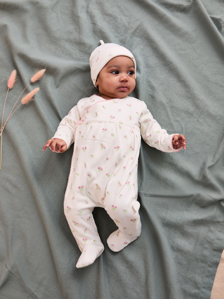 JoJo Maman Bébé Cream Floral Embroidered Pretty Sleepsuit & Hat - Image 1 of 7