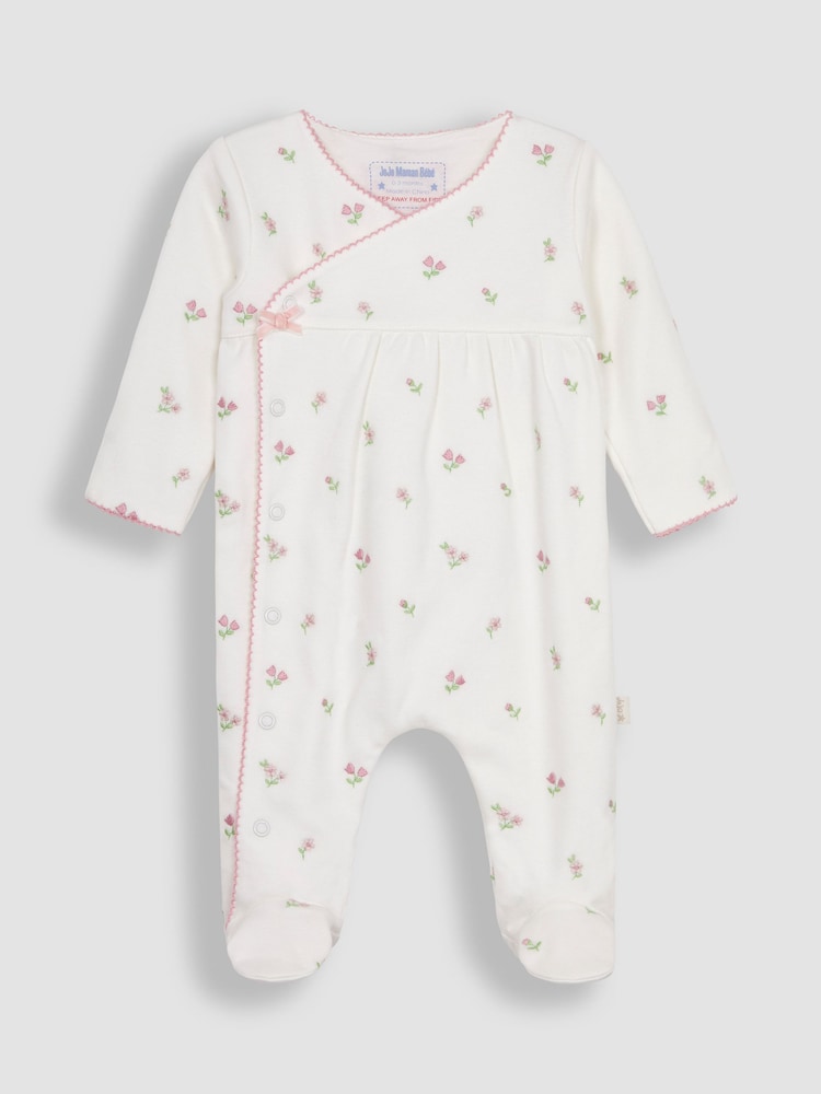 JoJo Maman Bébé Cream Floral Embroidered Pretty Sleepsuit & Hat - Image 2 of 7