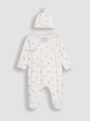 JoJo Maman Bébé Cream Floral Embroidered Pretty Sleepsuit & Hat - Image 3 of 7