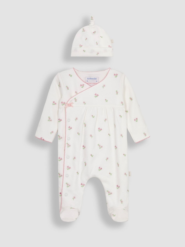 JoJo Maman Bébé Cream Floral Embroidered Pretty Sleepsuit & Hat - Image 3 of 7