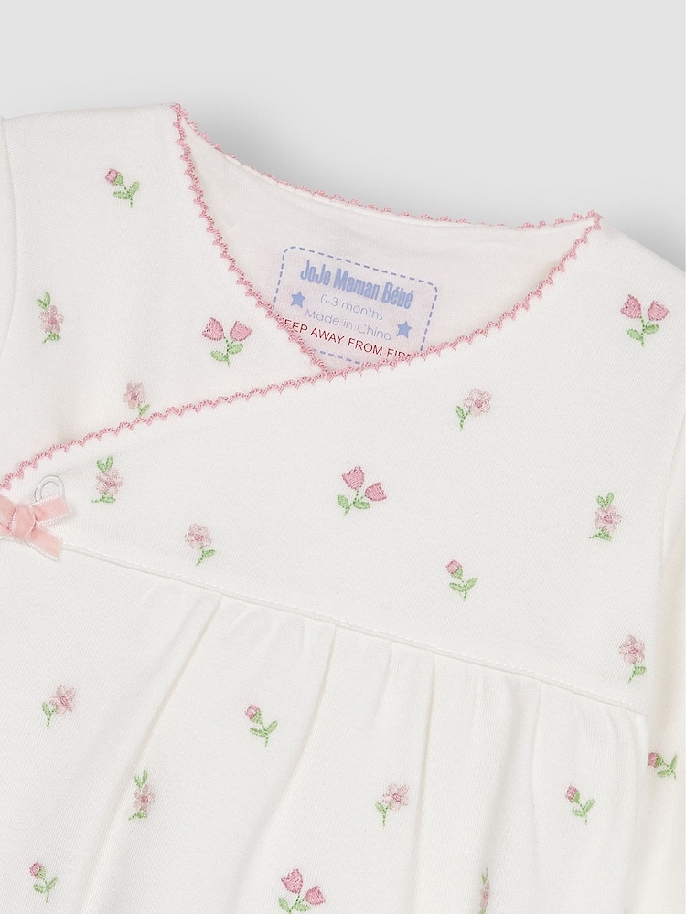JoJo Maman Bébé Cream Floral Embroidered Pretty Sleepsuit & Hat - Image 6 of 7