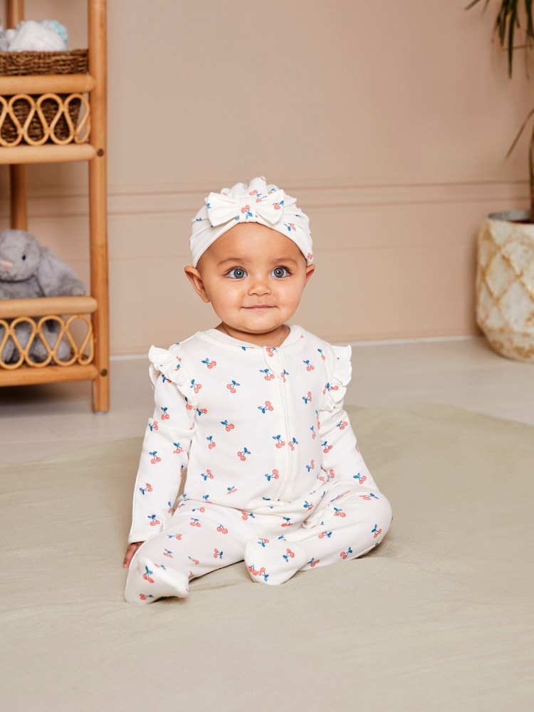 JoJo Maman Bébé Cream Cherry Print Zip Sleepsuit - Image 2 of 6