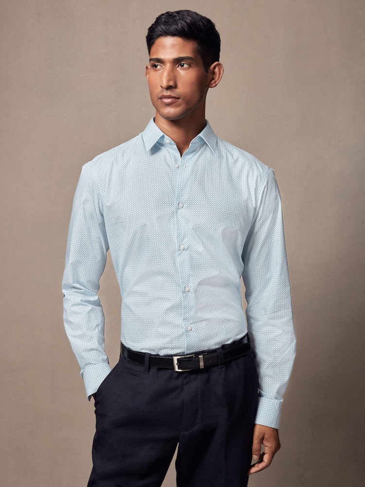 Light Blue Geometric Slim Fit Single Cuff Printed 100% Cotton Shirt - Image 2 of 8