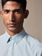 Light Blue Geometric Slim Fit Single Cuff Printed 100% Cotton Shirt - Image 4 of 8
