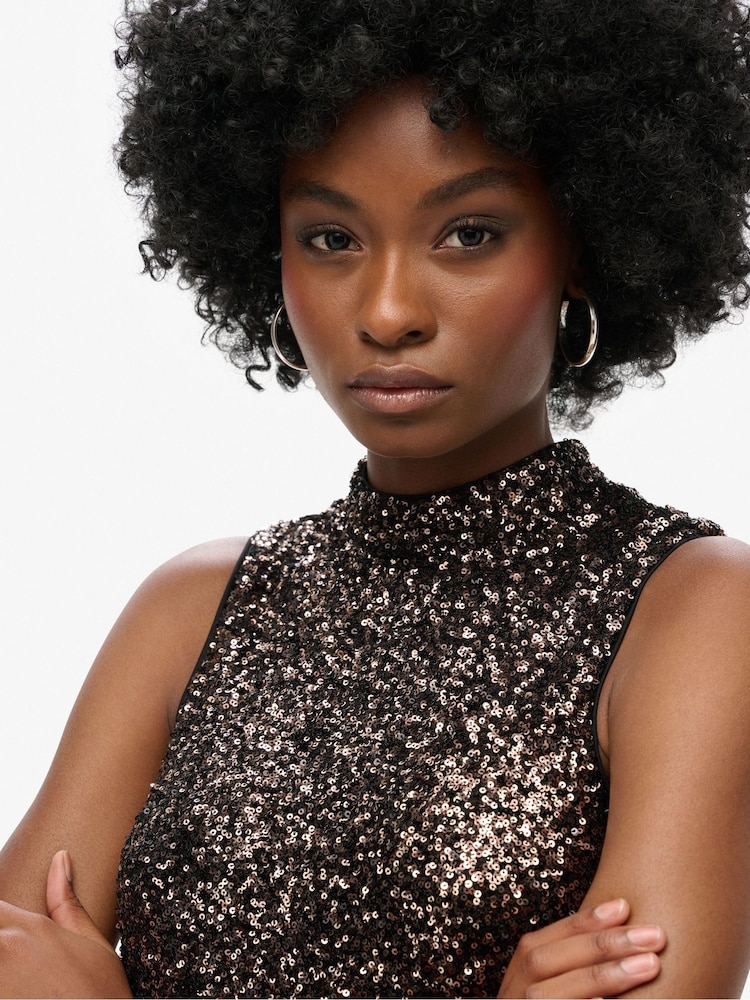 Superdry Brown Sleeveless Sequin A Line Mini Dress - Image 3 of 6
