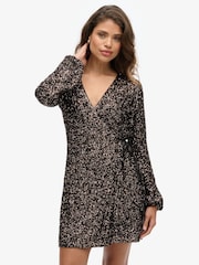 Superdry Brown Sequin Wrap Mini Dress - Image 1 of 7