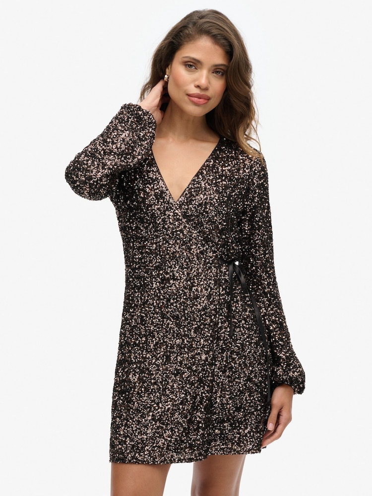 Superdry Brown Sequin Wrap Mini Dress - Image 1 of 7