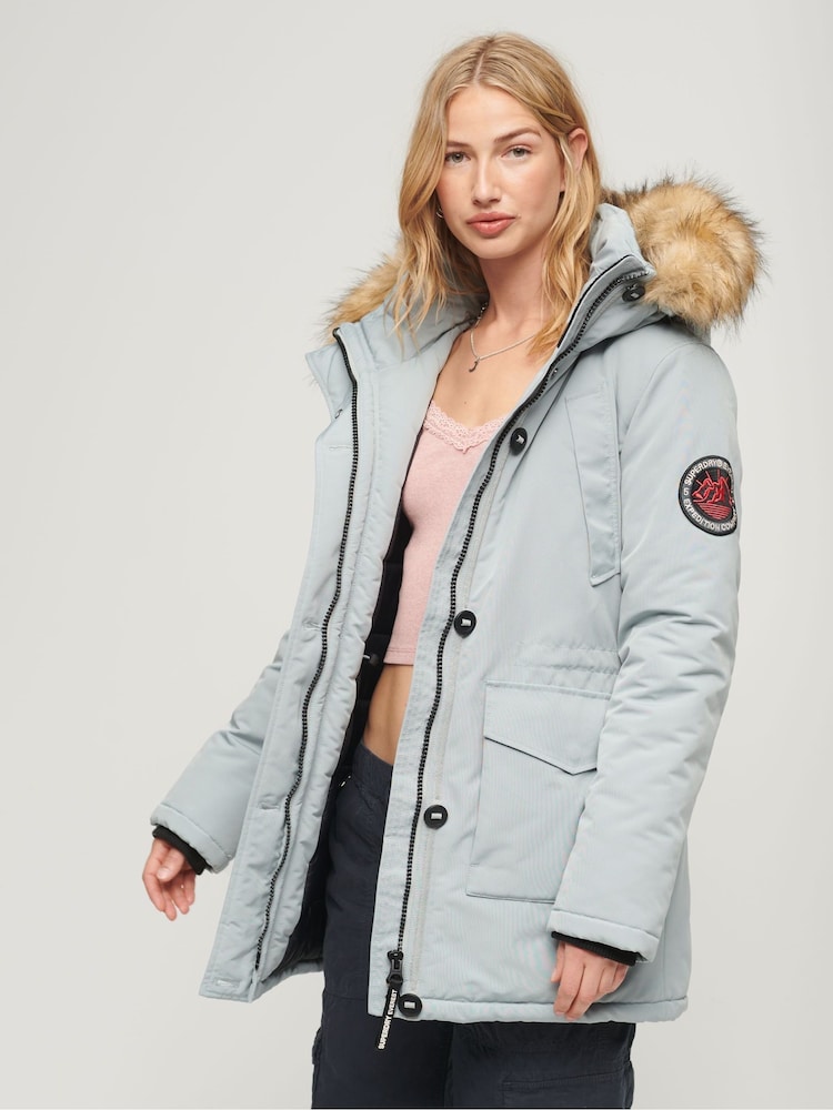 Superdry Blue Everest Faux Fur Hooded Water-Repellent Parka Coat - Image 1 of 6 Superdry Blue Everest Faux Fur Hooded Water-Repellent Parka Coat - Image 1 of 6